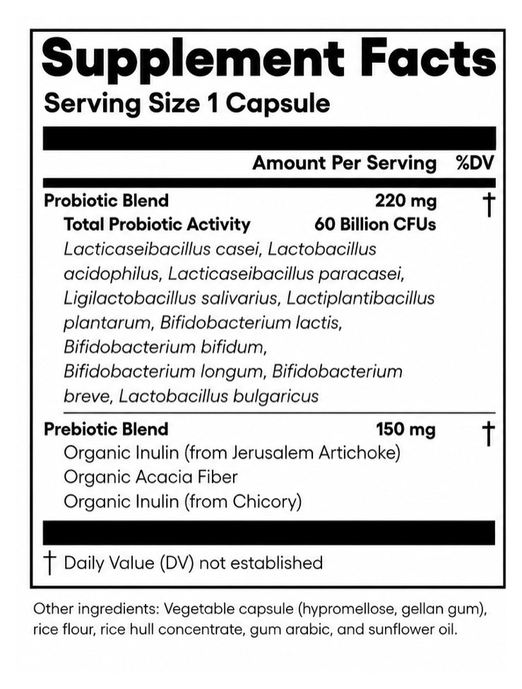 Supplement Facts panel of Physician's Choice 60 Billion Probiotic, with Lactobacillus acidophilus among the 10 probiotic species listed in the blend