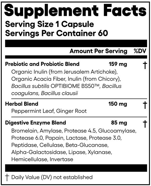 Supplement Facts panel of Physician's Choice Digestive Enzymes: a 159 mg prebiotic and probiotic blend listing Bacillus subtilis OPTIBIOME BS50, Bacillus coagulans and Bacillus clausii, a 150 mg herbal blend and an 85 mg digestive enzyme blend